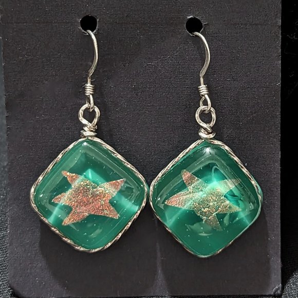 Rula Glass Jewelry - Wow Green & Peach Dichroic STARFISH Sterling Silver Wire-Wrapped Glass Earrings